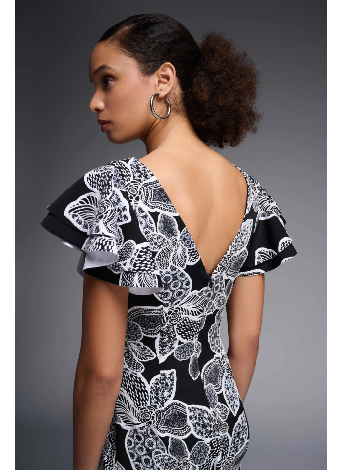 Joseph Ribkoff 231712 Czarna sukienka w biały kwiecisty wzór.