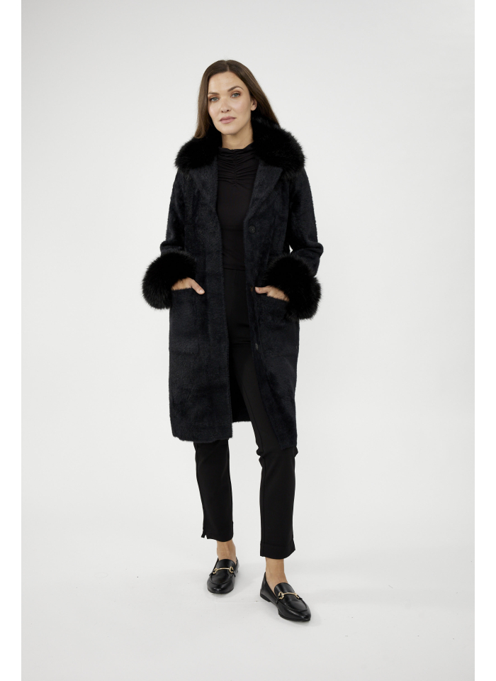 Joseph Ribkoff 243923 Dzianinowy płaszcz z futrzanym wykończeniem 3 kolory fiolet, czarny, beż.