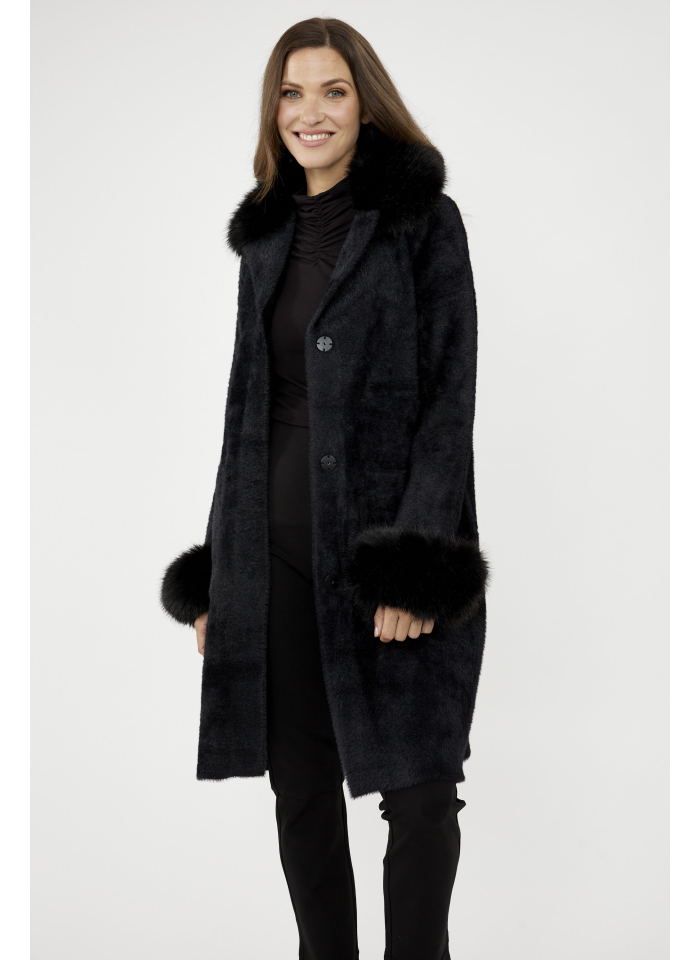 Joseph Ribkoff 243923 Dzianinowy płaszcz z futrzanym wykończeniem 3 kolory fiolet, czarny, beż.