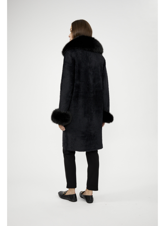 Joseph Ribkoff 243923 Dzianinowy płaszcz z futrzanym wykończeniem 3 kolory fiolet, czarny, beż.