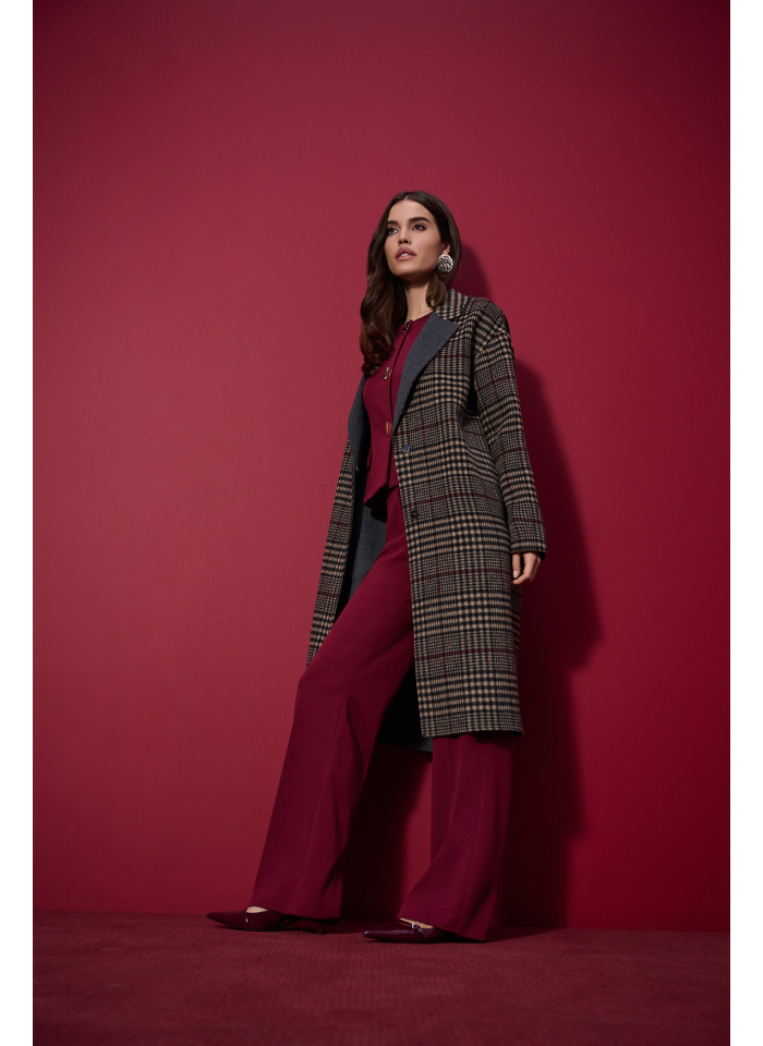 Joseph Ribkoff 253946 Beżowy, wełniany płaszcz w czarno-bordową kratę