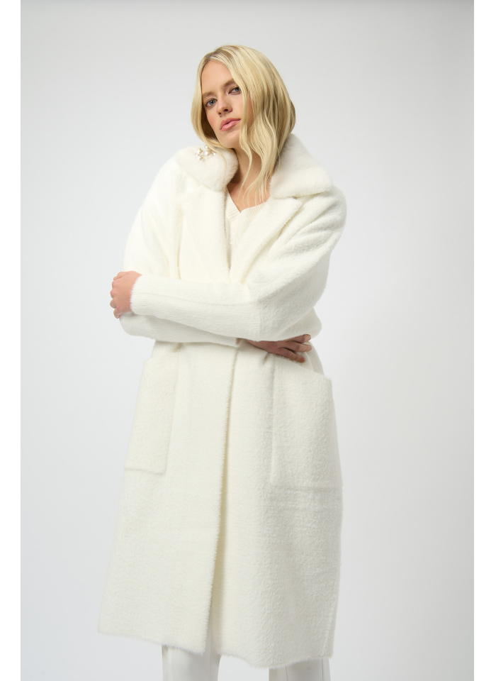 Joseph Ribkoff 254954 Stylowy, biały płaszcz z kołnierzem zdobionym perełkami