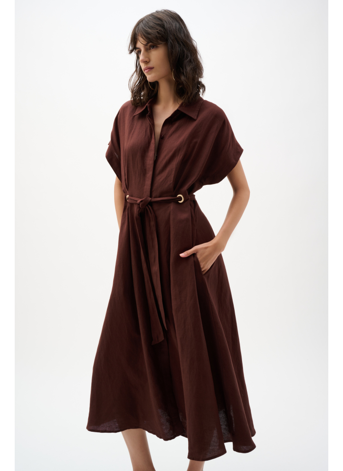 Joseph Ribkoff 262907 Lniana, czekoladowa sukienka wiązana w pasie