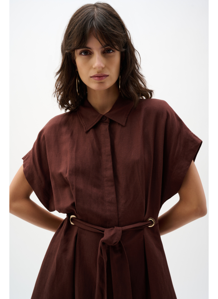 Joseph Ribkoff 262907 Lniana, czekoladowa sukienka wiązana w pasie