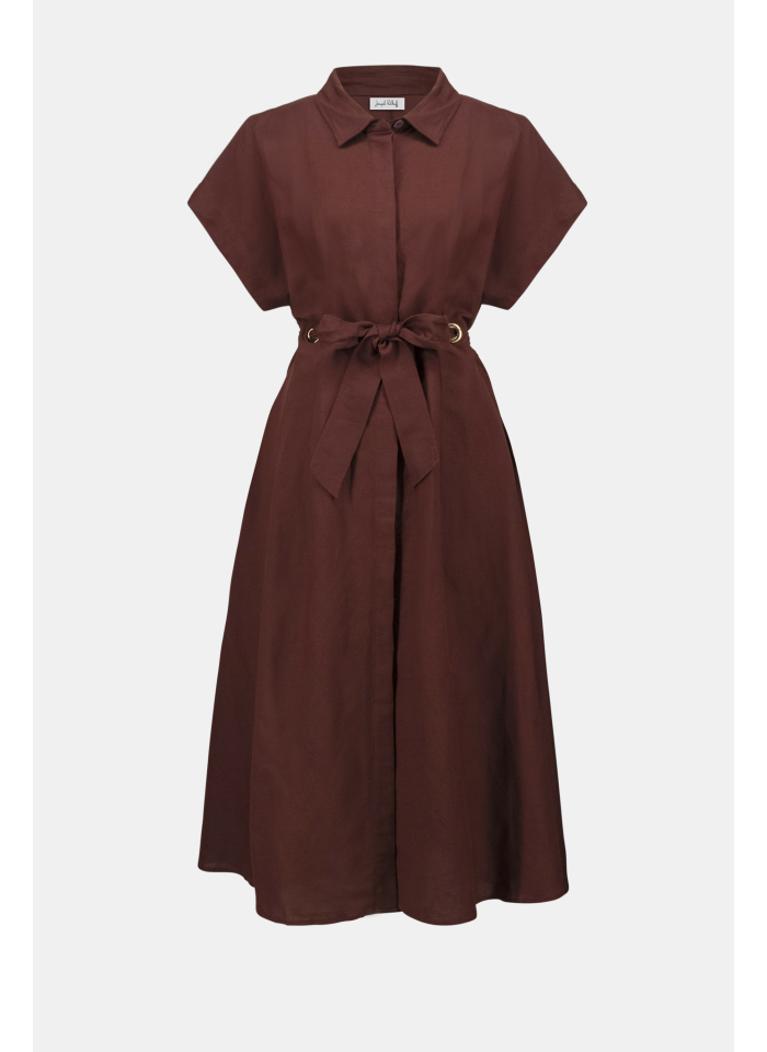 Joseph Ribkoff 262907 Lniana, czekoladowa sukienka wiązana w pasie