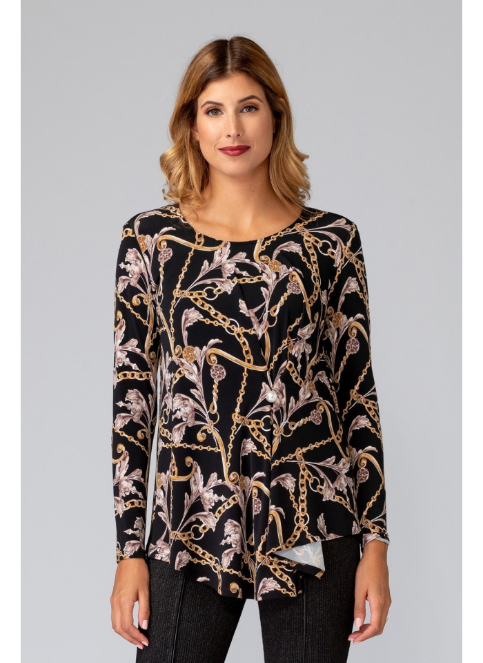 Joseph Ribkoff 194649 Czarna bluzka zdobiona wiktoriańskim wzorem. wzorem