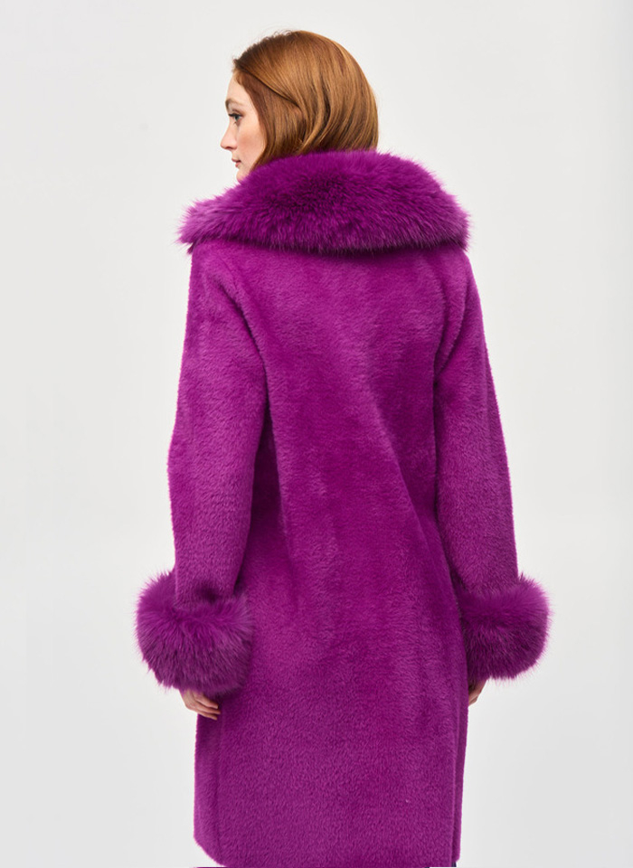 Joseph Ribkoff 243923 Dzianinowy płaszcz z futrzanym wykończeniem 3 kolory fiolet, czarny, beż.