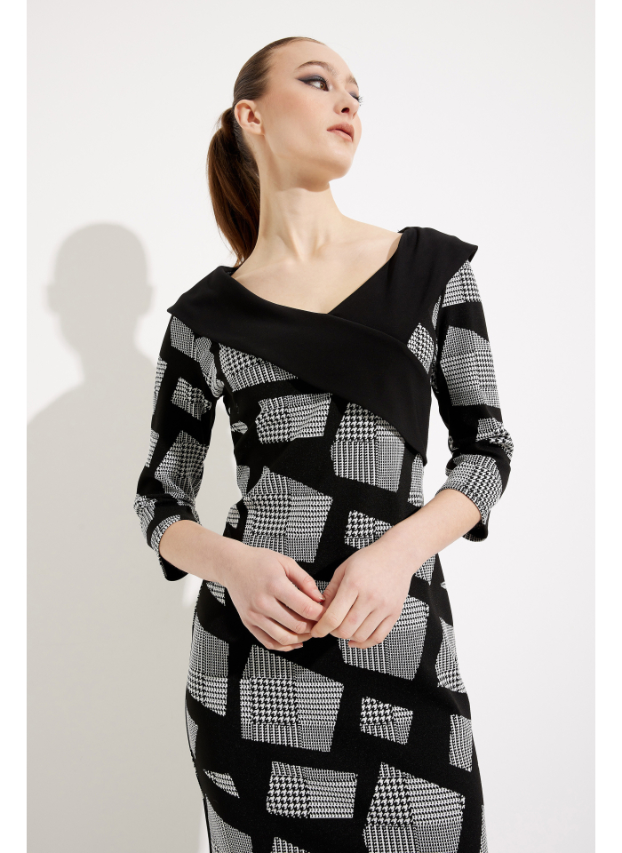 Joseph Ribkoff 233295 Czarna sukienka w geometryczny wzór.