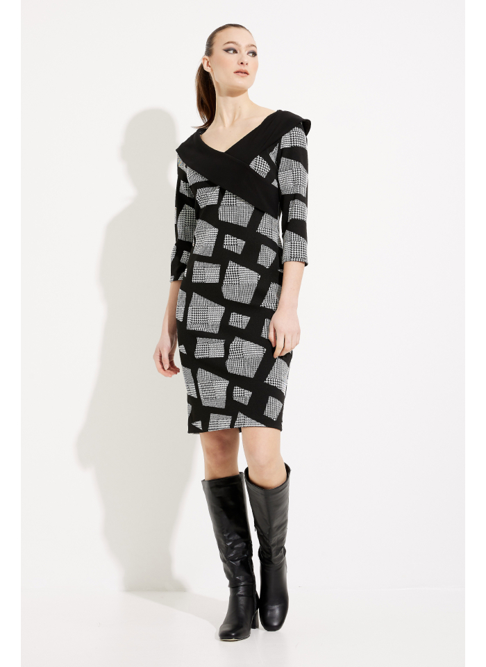 Joseph Ribkoff 233295 Czarna sukienka w geometryczny wzór.