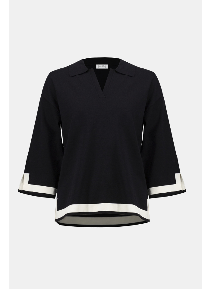 Joseph Ribkoff 253909 czarny sweter z kołnierzykiem zdobiony białą lamówką