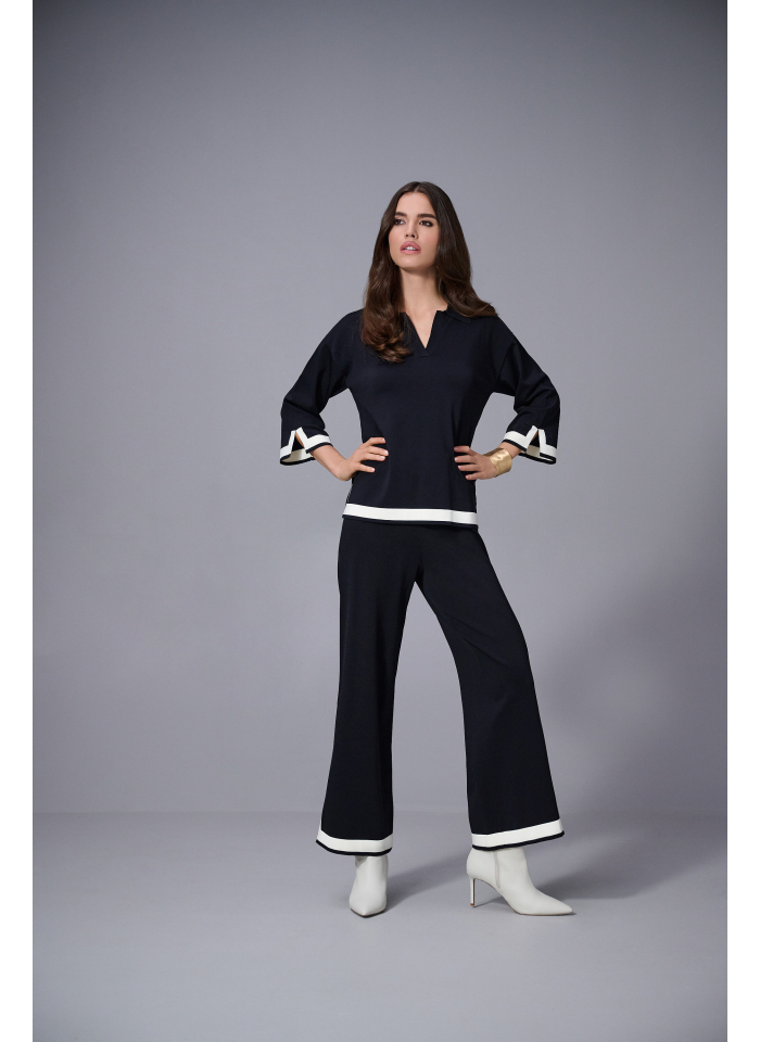 Joseph Ribkoff 253910 czarne spodnie długość 3/4 zdobione białą lamówką