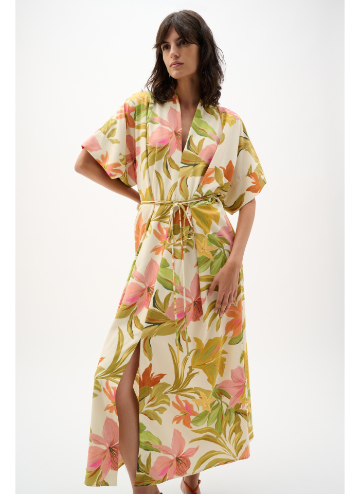 Joseph Ribkoff 262177 Letnia sukienka w kwiaty wiązana w tali.